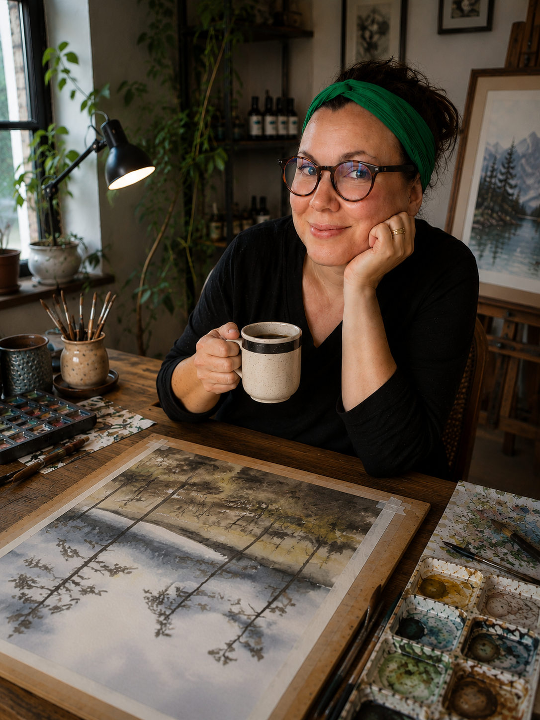 Maja Antoniou vid arbetsbordet med en pågående akvarell